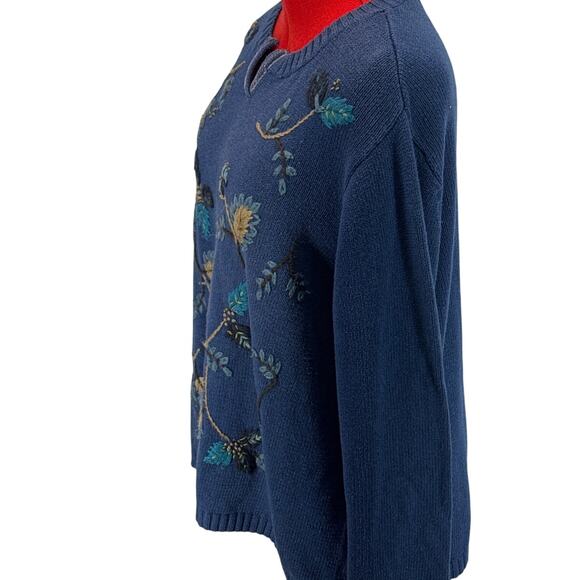 Extra Point Vintage Blue Floral Embroidered Granny Pullover Sweater Women 2XL - Picture 3 of 7